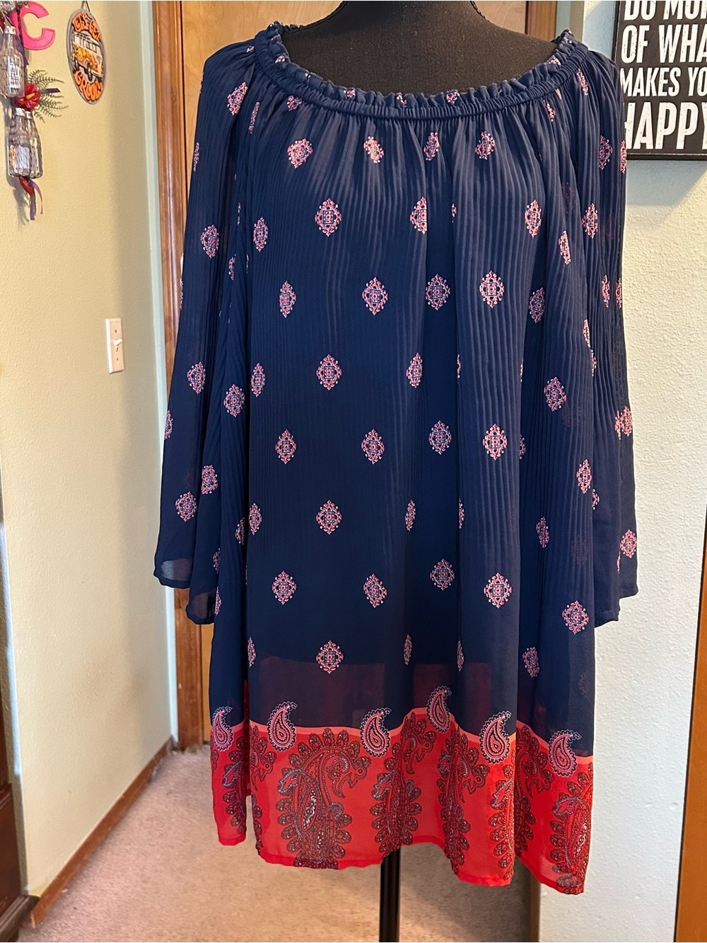 Catherine’s blue and red paisley semi sheer flowy blouse bell sleeves boho 1X